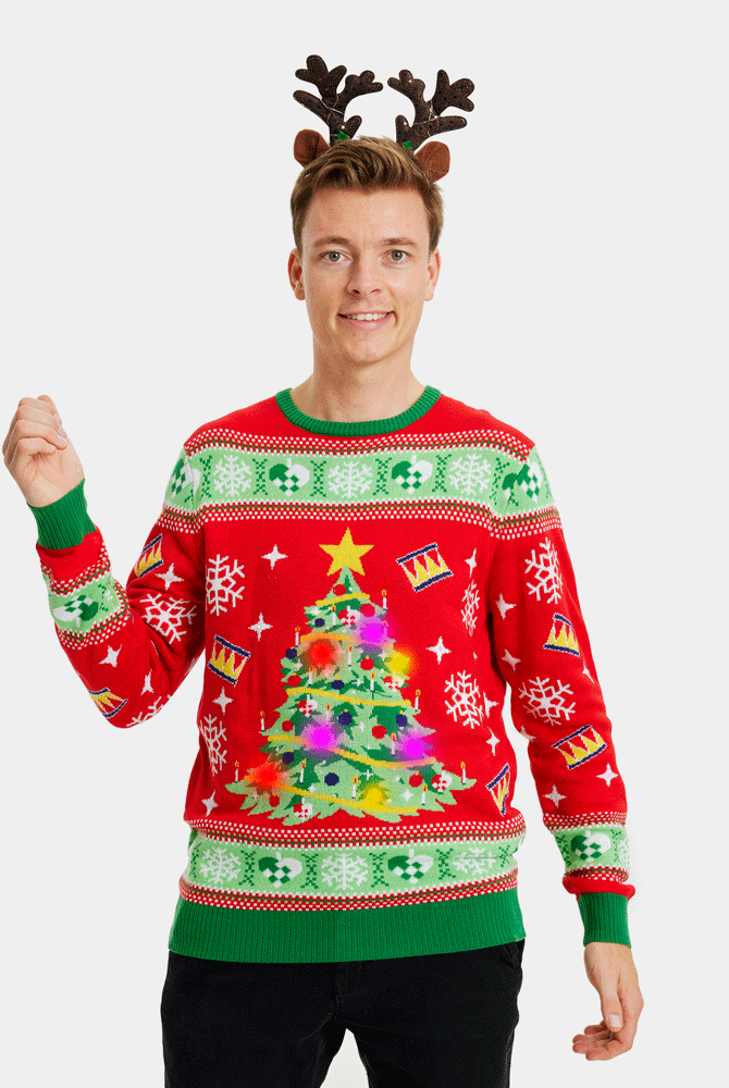 Maglione Natalizio con Luci LED Rosso con Albero di Natale da Uomo