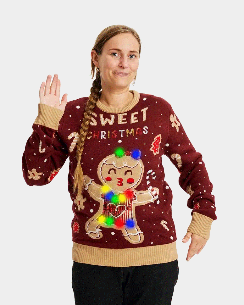 Maglione Natalizio con Luci LED Rosso Ginger Cookie da Donna
