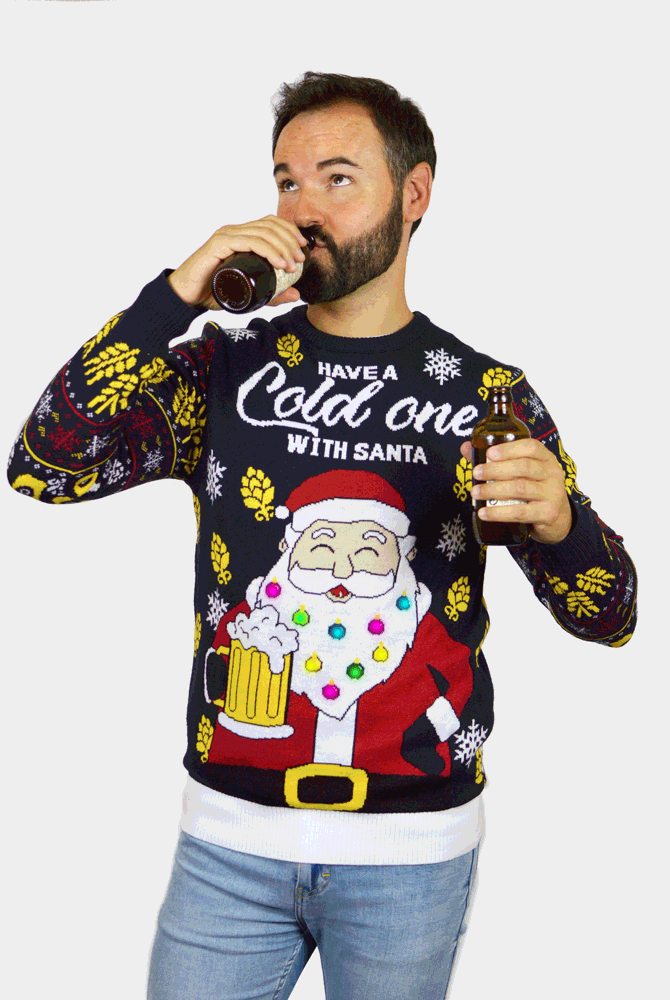 Maglione Natalizio con Luci LED da Uomo Babbo Natale con Birra