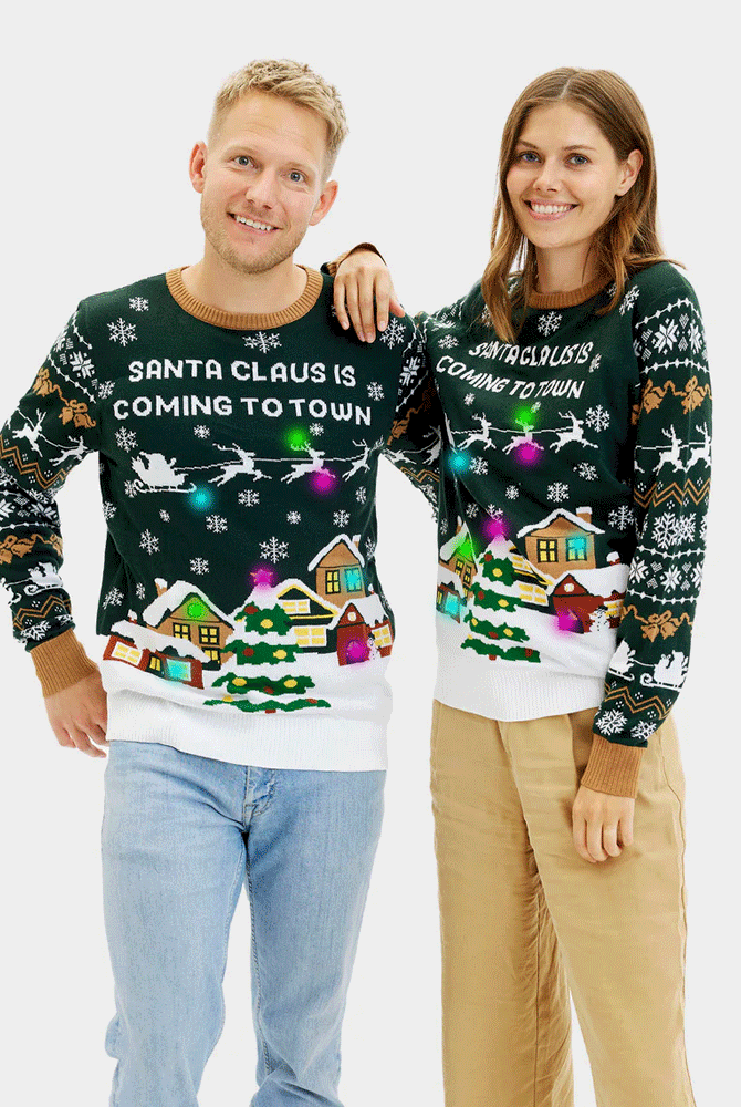 Maglione Natalizio con Luci LED da Uomo Santa is Coming to Town Donna