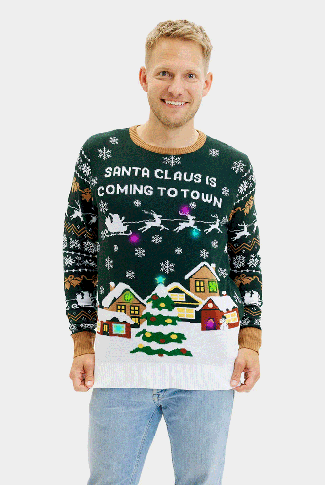 Maglione Natalizio con Luci LED da Uomo Santa is Coming to Town
