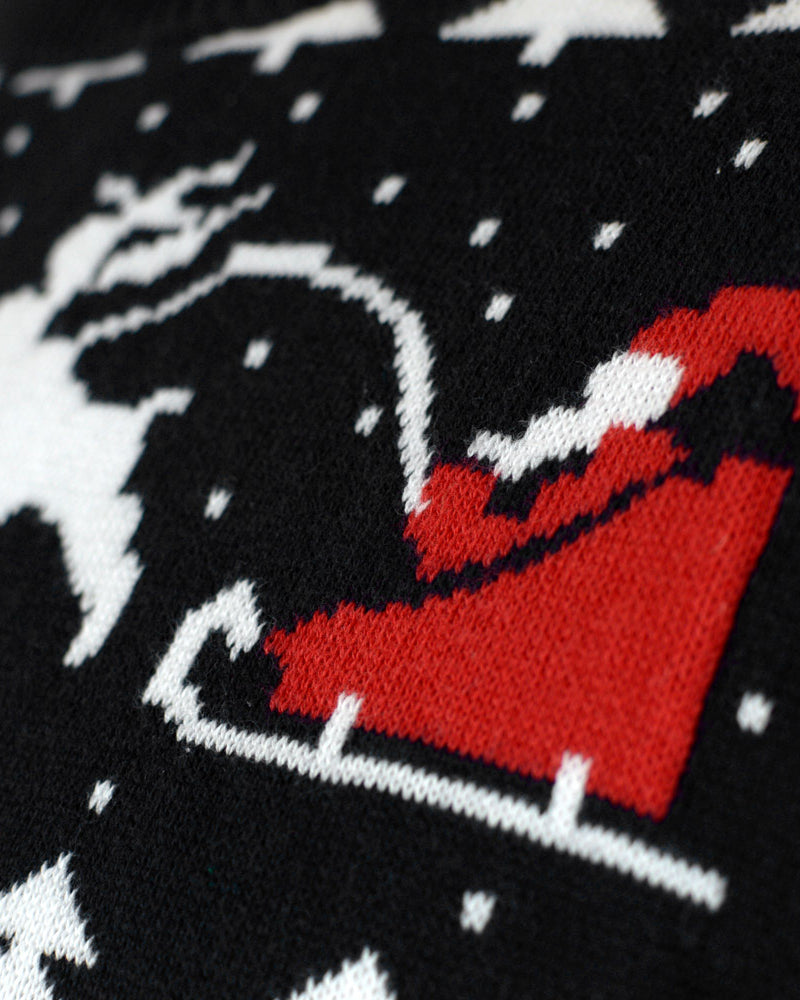 Maglione Natalizio Nero Alberi, Pupazzi di Neve e Babbo Natale