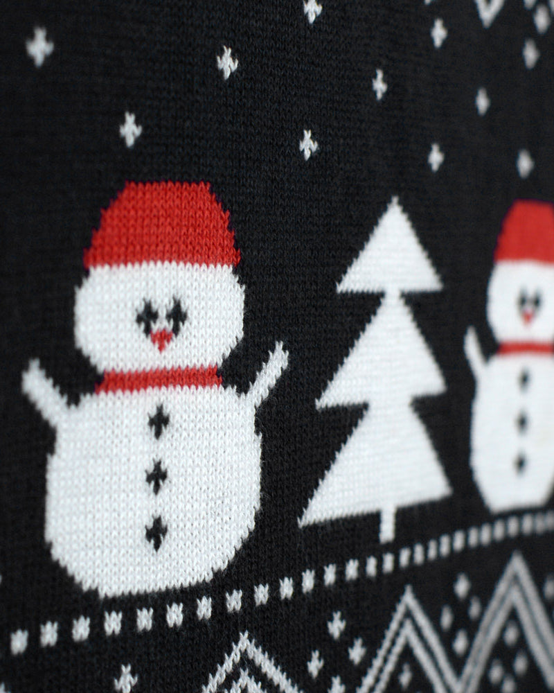 Maglione Natalizio Nero Pupazzi di Neve e Babbo Natale Alberi