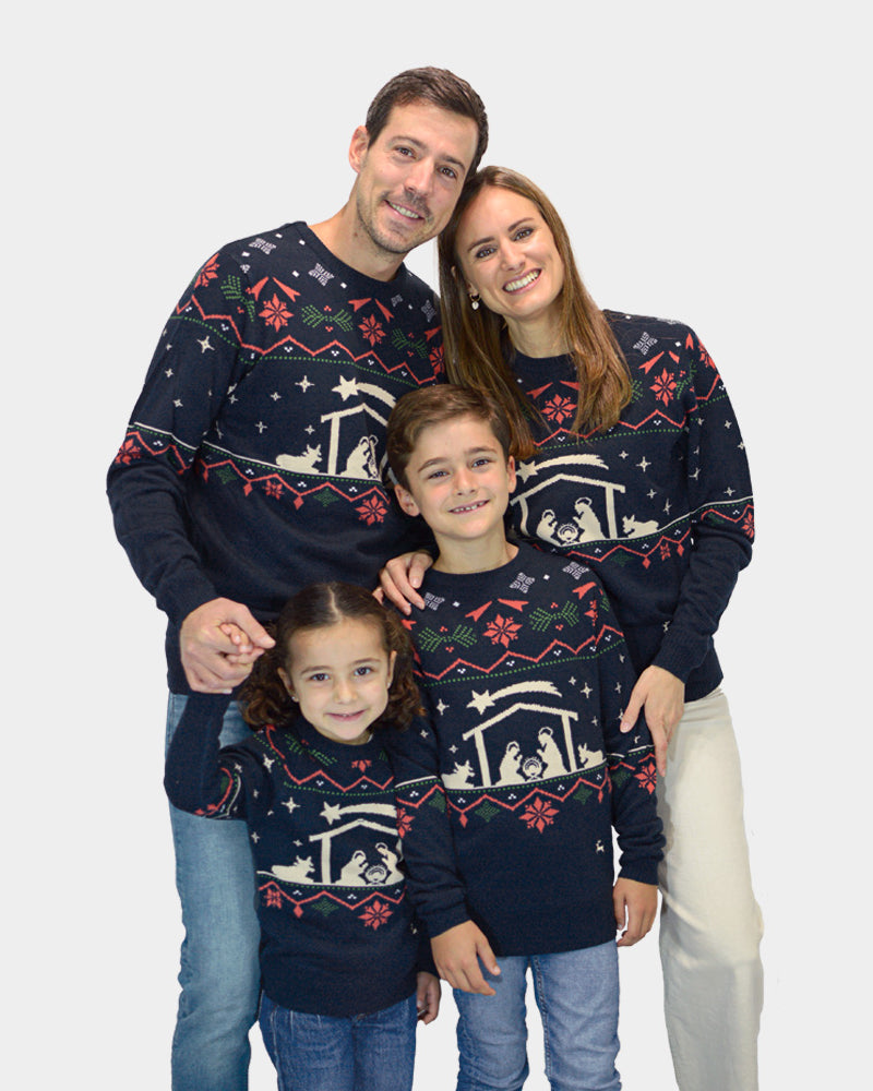 Maglione Natalizio per la Famiglia Blu Nativity