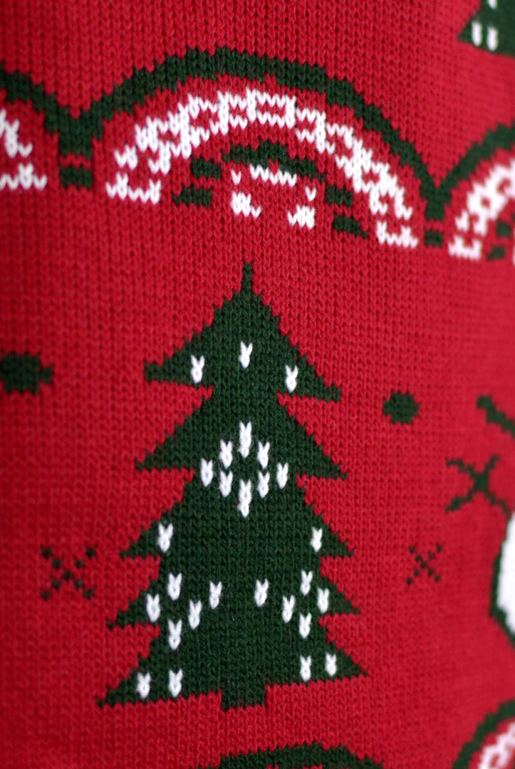 Maglione Natalizio con Pini e Pupazzi di Neve Rosso