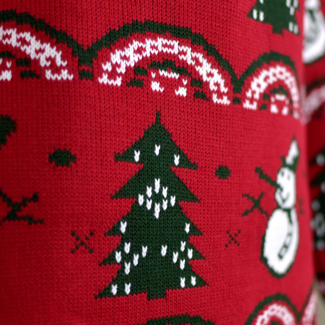 Maglione Natalizio con Pini e Pupazzi di Neve Rosso