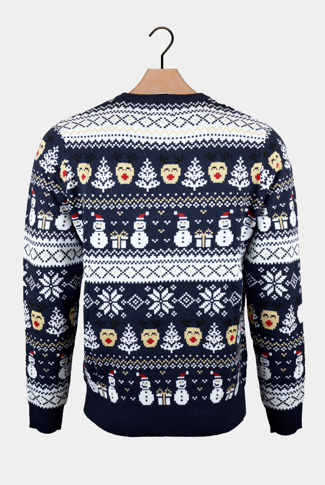 Maglione Natalizio Blu da Uomo con Pupazzi di Neve e Motivi Natalizi