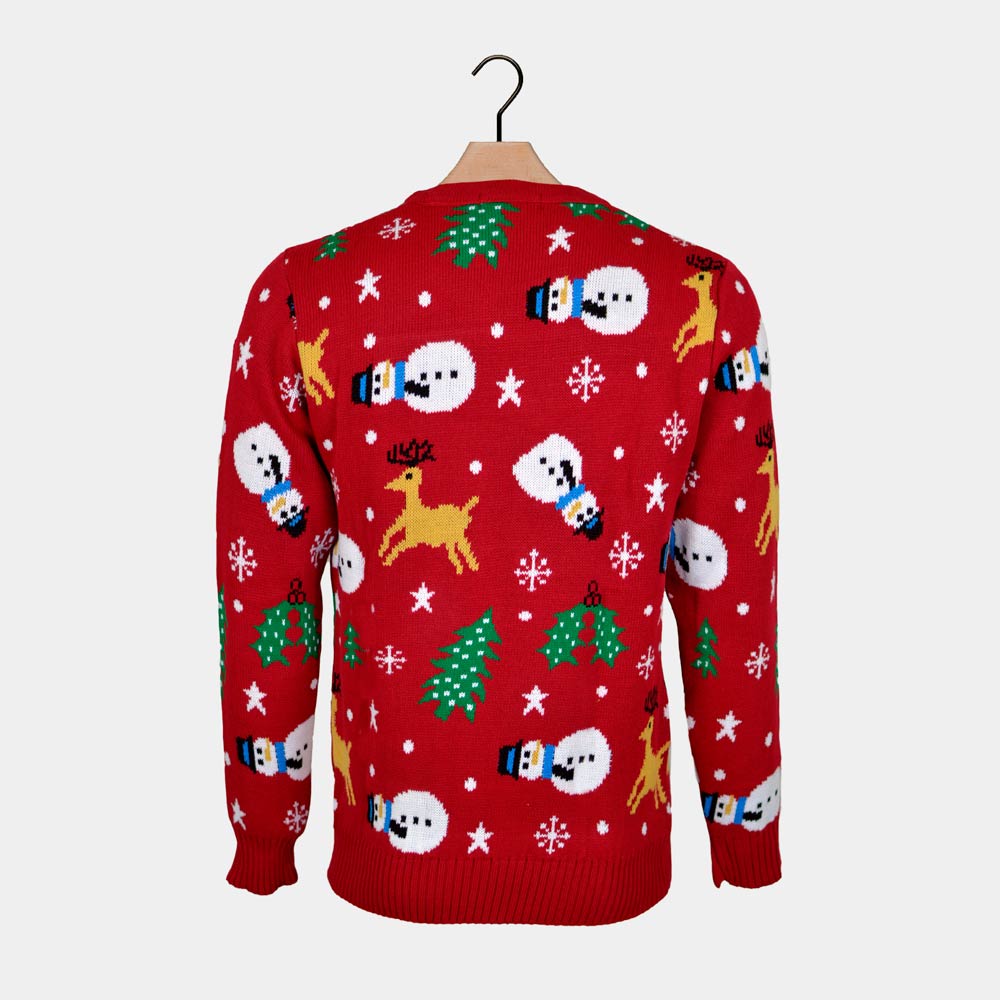 Maglione Natalizio con Pupazzi, Renne e Alberi Rosso