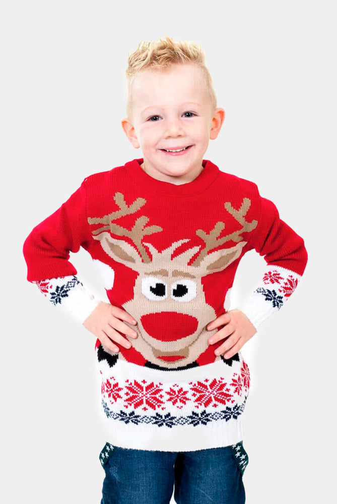 Maglione Natalizio Bambini Rosso Renna e Neve