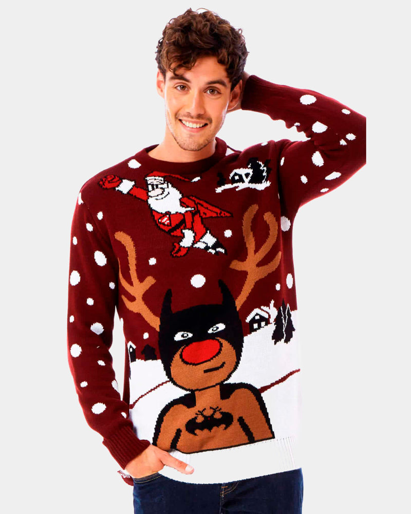 Maglione Natalizio Renna Batman Babbo Natale Superman Uomo