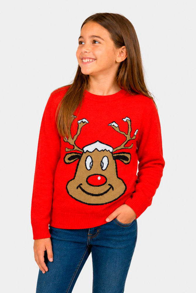 Maglione Natalizio Renna Sorridente Rosso Bambina