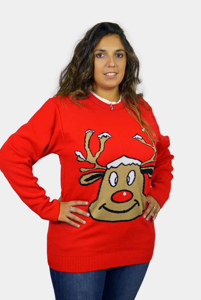 Maglione Natalizio Renna Sorridente Rosso Donna