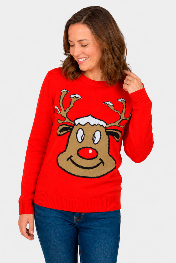 Maglione Natalizio Renna Sorridente Rosso Donna