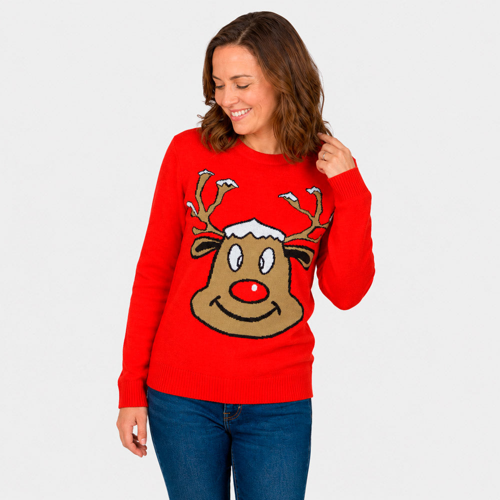 Maglione Natalizio Renna Sorridente Rosso Donna