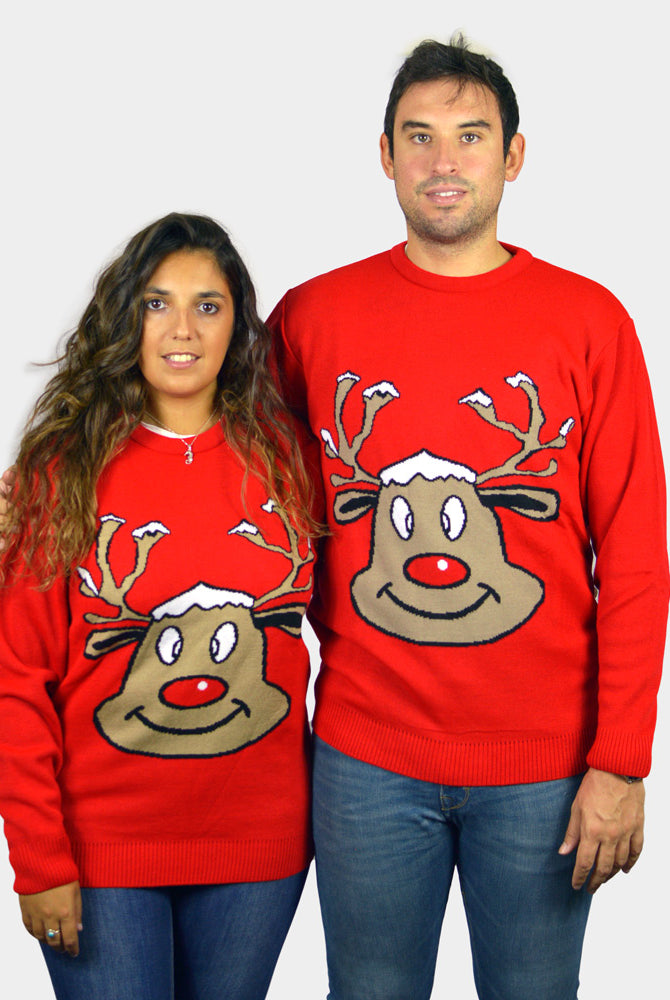 Maglione Natalizio Renna Sorridente Rosso Famiglia