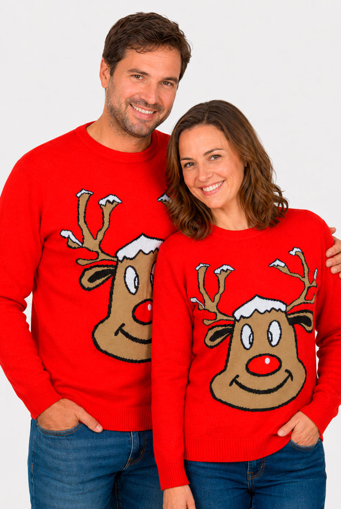 Maglione Natalizio Renna Sorridente Rosso Famiglia