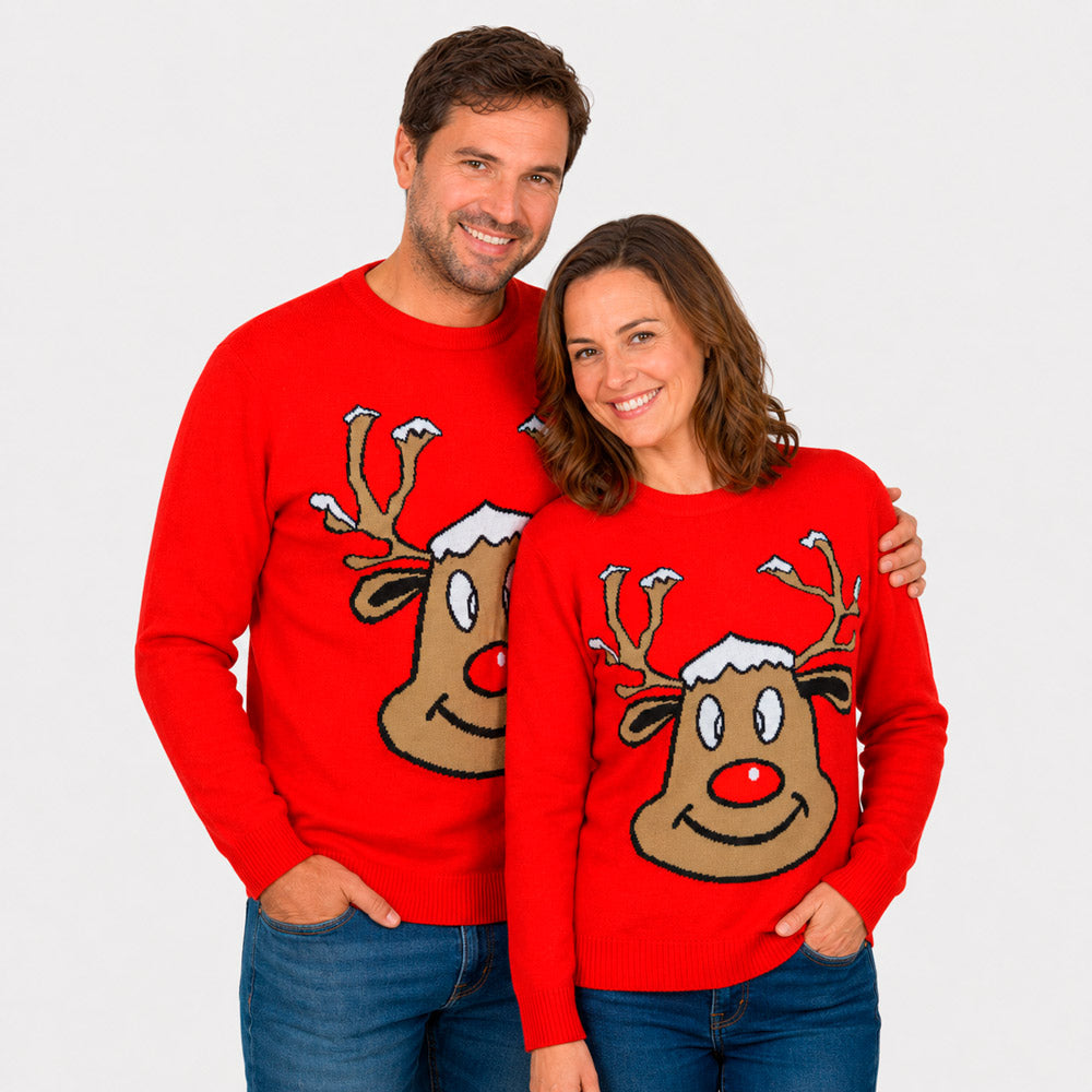 Maglione Natalizio Renna Sorridente Rosso Famiglia