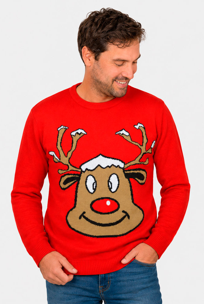 Maglione Natalizio Renna Sorridente Rosso Uomo