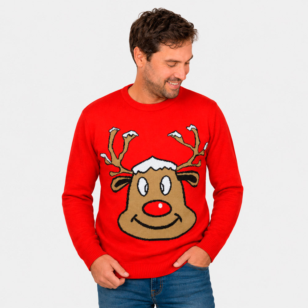 Maglione Natalizio Renna Sorridente Rosso Uomo