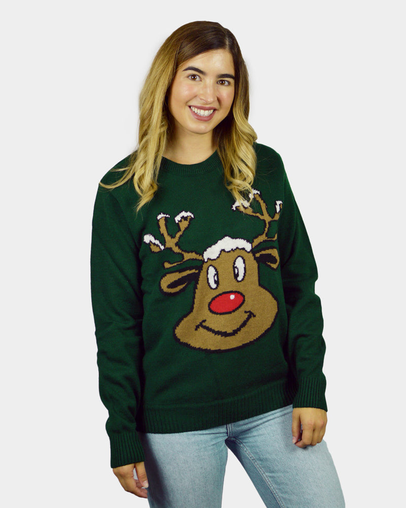 Maglione Natalizio Renna Sorridente Verde Donna