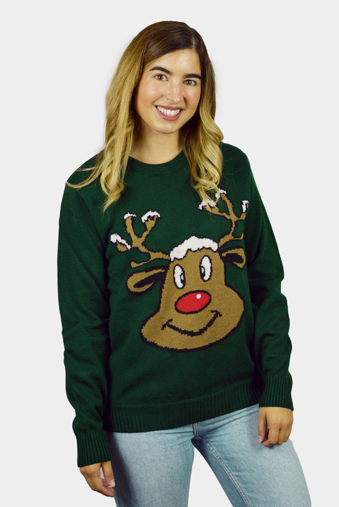 Maglione Natalizio Renna Sorridente Verde Donna