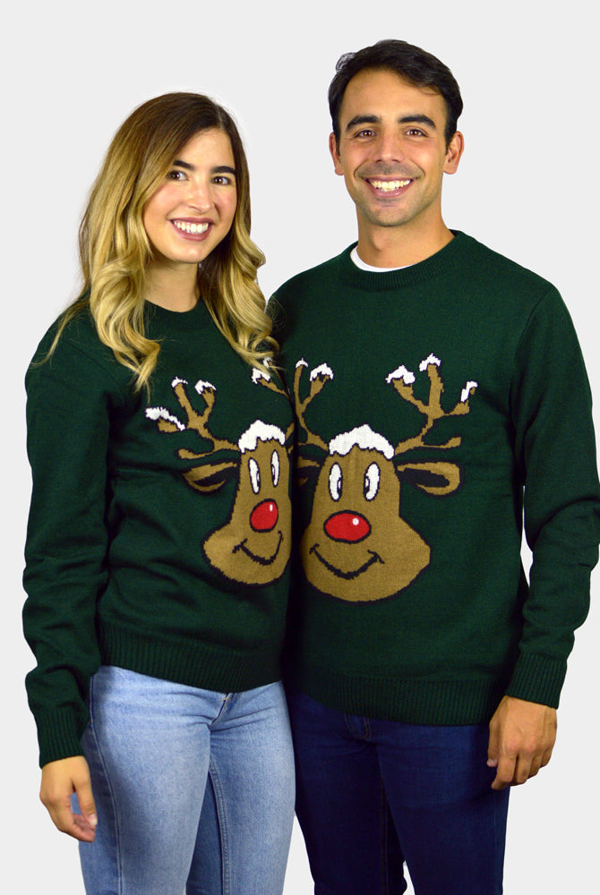 Maglione Natalizio Renna Sorridente Verde Famiglia