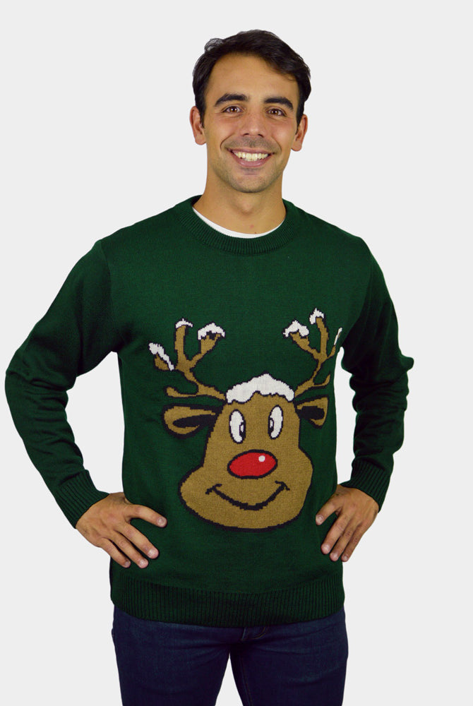 Maglione Natalizio Renna Sorridente Verde Uomo