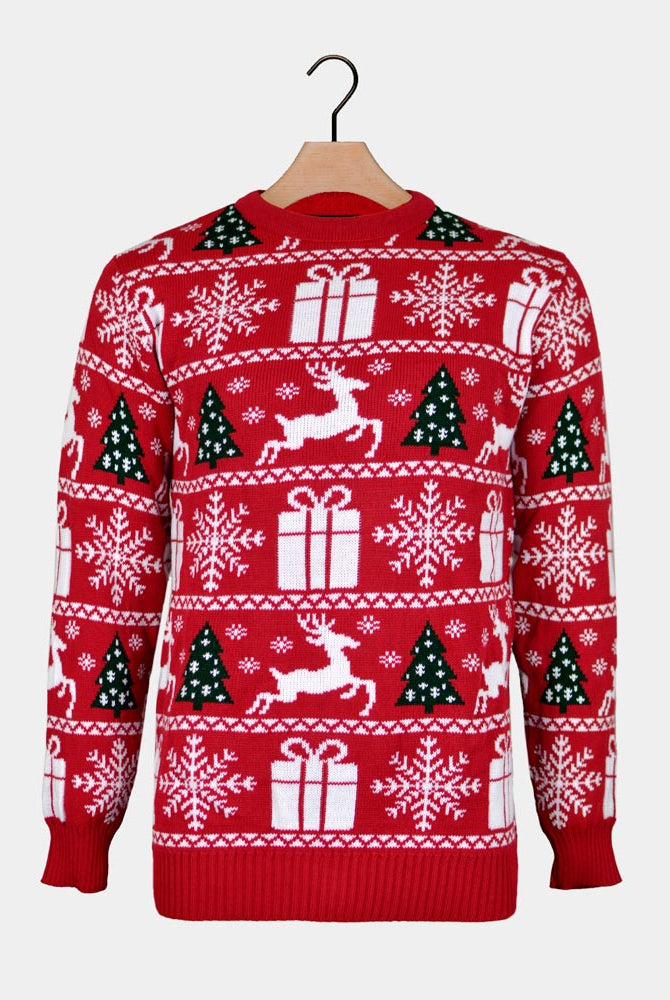 Maglione Natalizio Rosso Renne, Alberi e Regali di Natale
