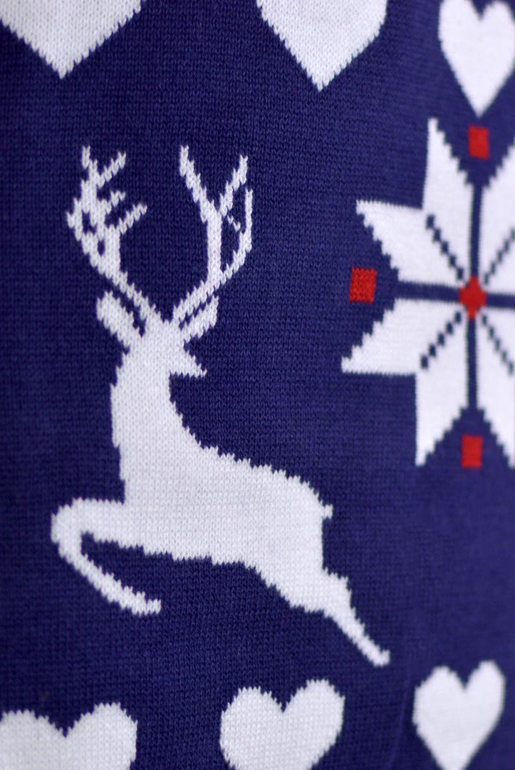 Maglione Natalizio con Renne Blu e Rosso Cuori