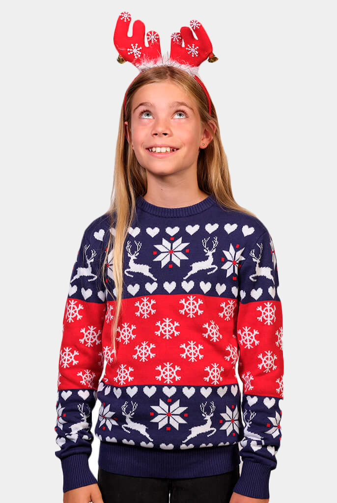 Maglione Natalizio con Renne e Cuori Blu e Rosso Bambini