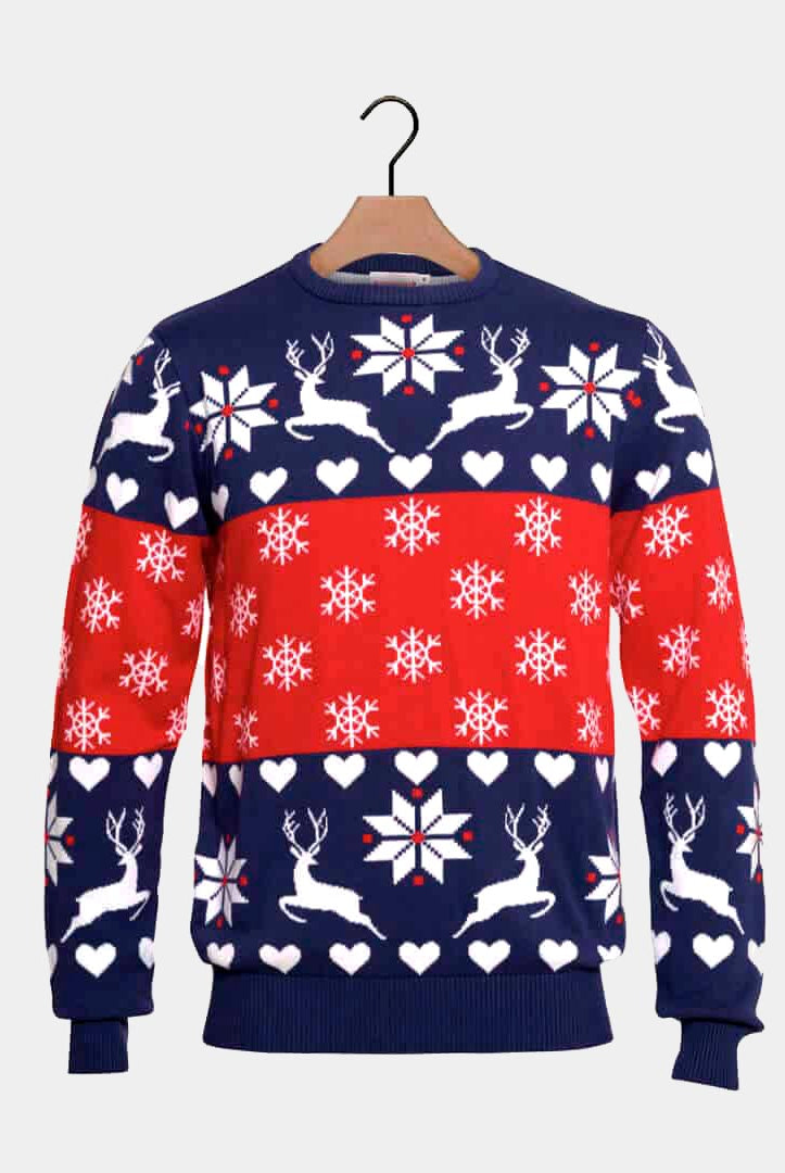 Maglione Natalizio con Renne e Cuori Blu e Rosso