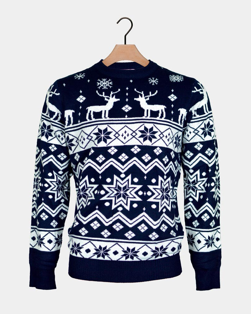 Maglione Natalizio con Renne e Stelle Blu Nordic