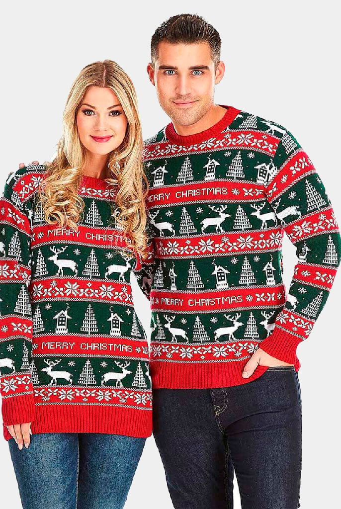 Maglione Natalizio a Righe Verdi e Rosse Merry Christmas Donna e Uomo