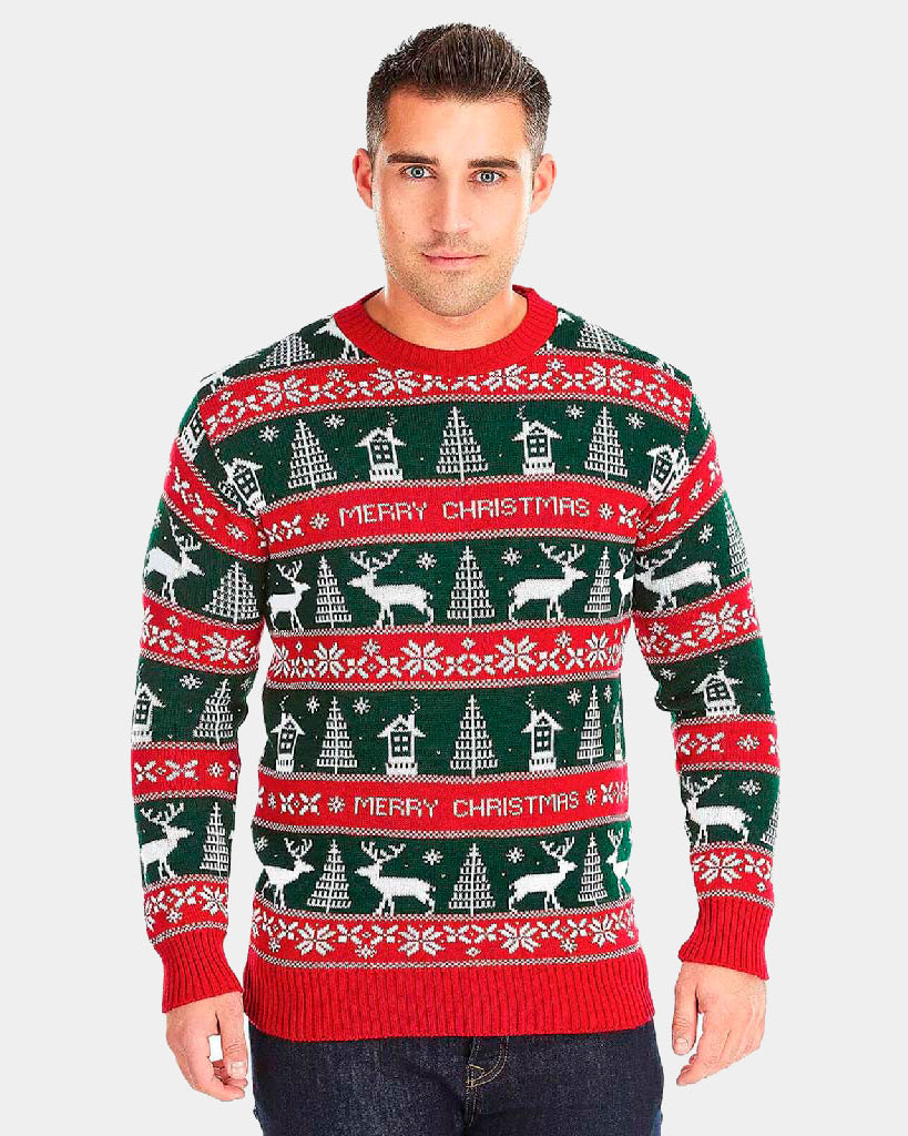 Maglione Natalizio uomo Righe Verdi e Rosse Merry Christmas