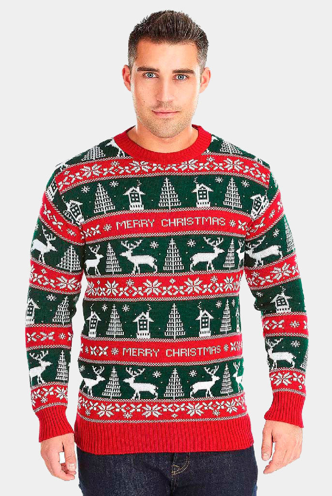 Maglione Natalizio uomo Righe Verdi e Rosse Merry Christmas