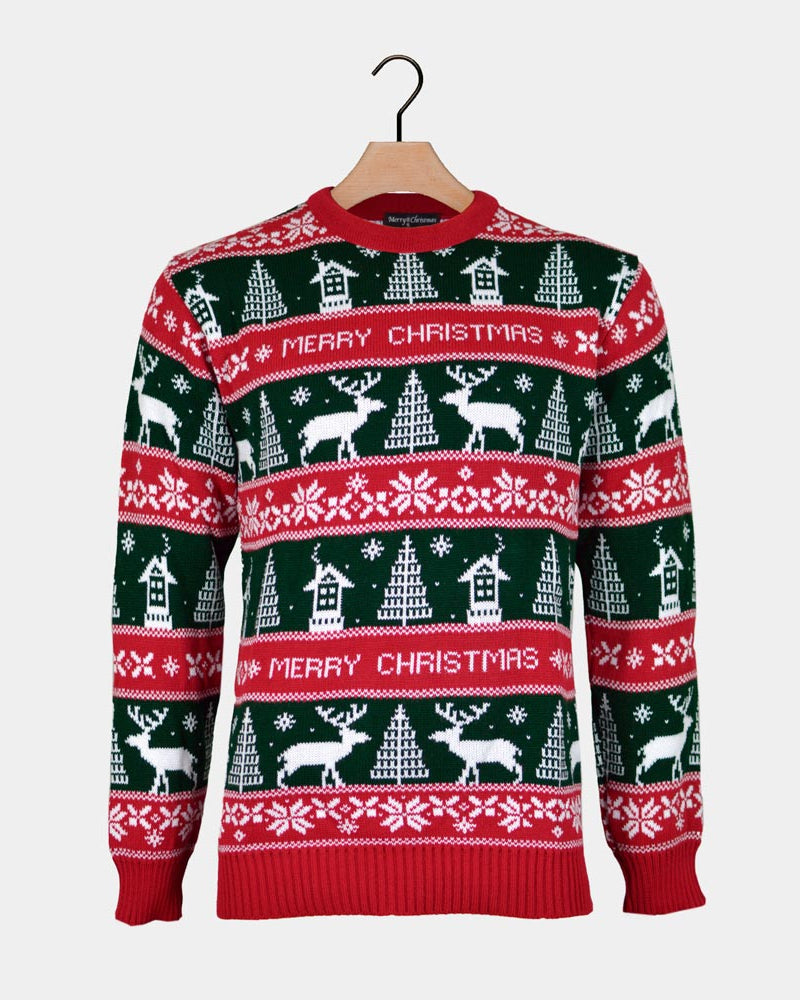 Maglione Natalizio a Righe Verdi e Rosse Merry Christmas