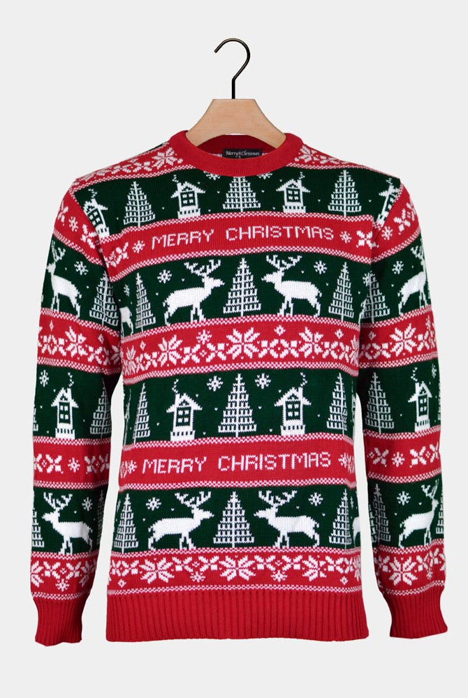Maglione Natalizio a Righe Verdi e Rosse Merry Christmas