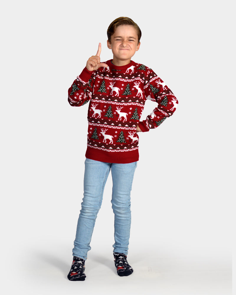 Maglione Natalizio Bambini Rosso Alberi di Natale e Renne