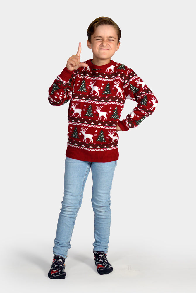 Maglione Natalizio Bambini Rosso Alberi di Natale e Renne