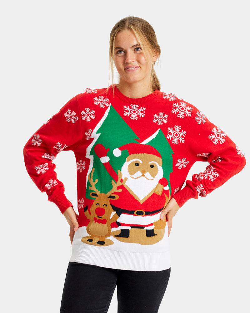 Maglione Natalizio Donna Rosso Babbo Natale e Renna che Salutano