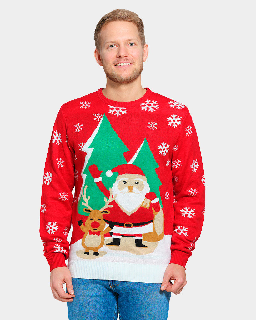 Maglione Natalizio Rosso con Babbo Natale e Renna che Salutano da Uomo