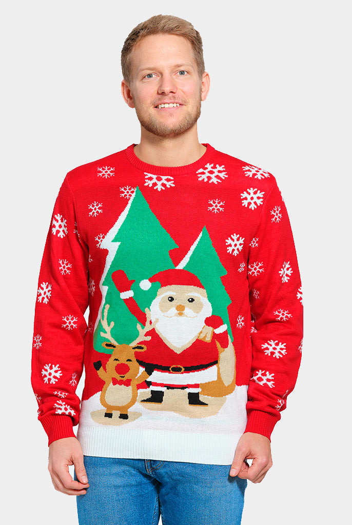 Maglione Natalizio Rosso con Babbo Natale e Renna che Salutano da Uomo