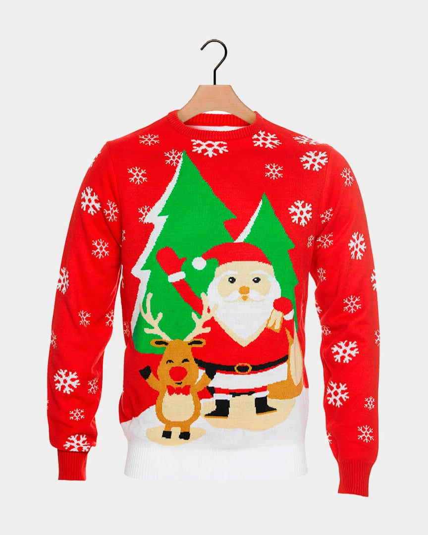 Maglione Natalizio Rosso con Babbo Natale e Renna che Salutano