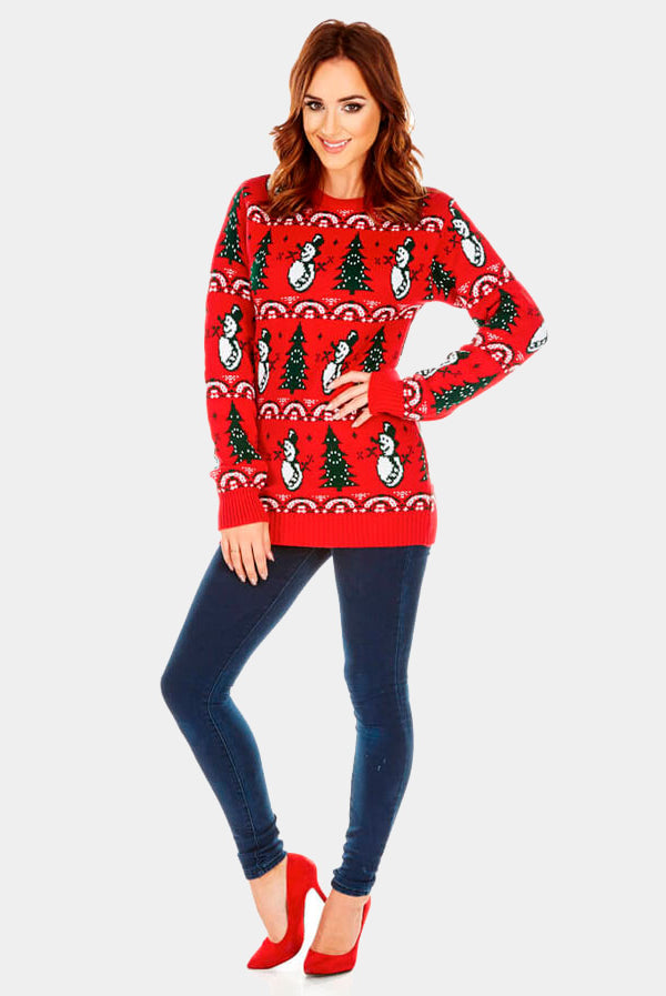 Maglione Natalizio Donna Rosso Pini e Pupazzi di Neve