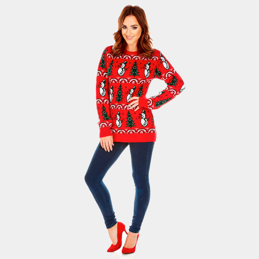 Maglione Natalizio Donna Rosso Pini e Pupazzi di Neve