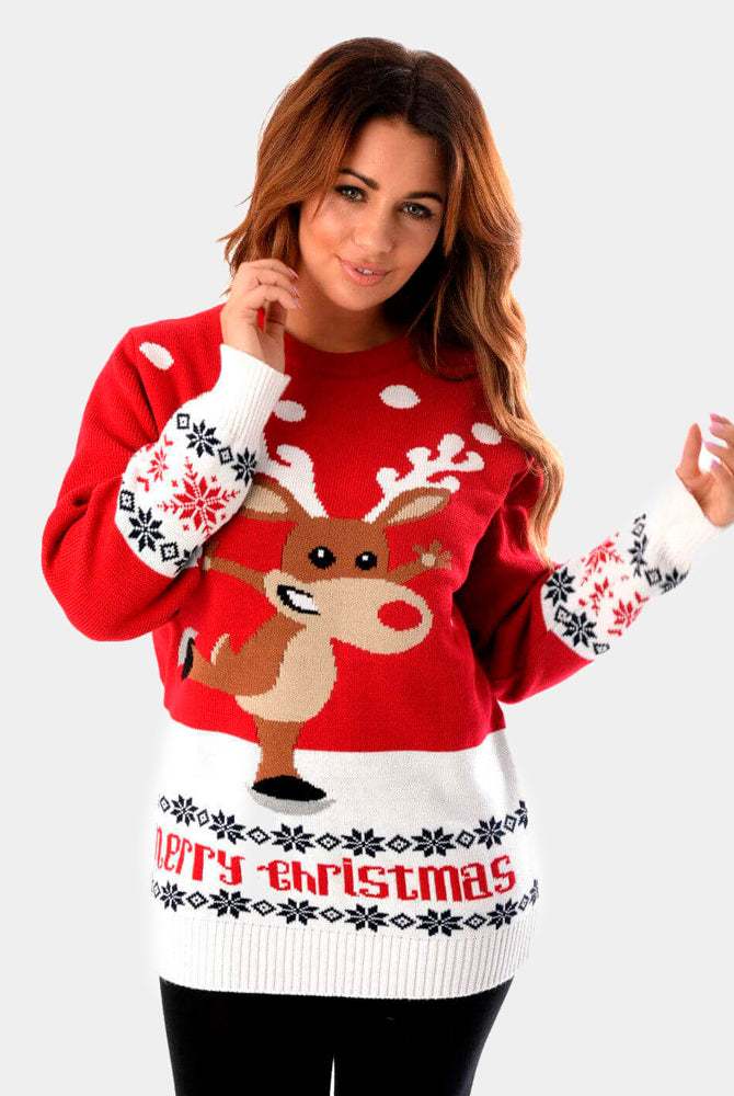Maglione Natalizio Rosso Donna con Renna che Pattina