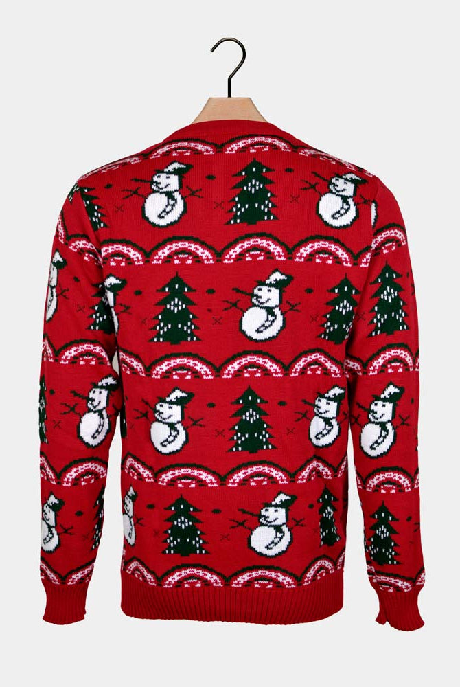 Maglione Natalizio Rosso con Pini e Pupazzi di Neve
