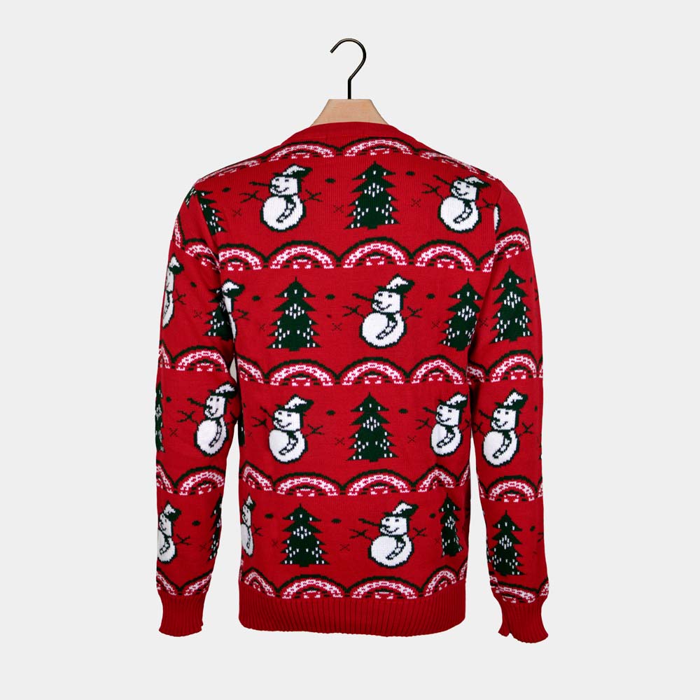 Maglione Natalizio Rosso con Pini e Pupazzi di Neve