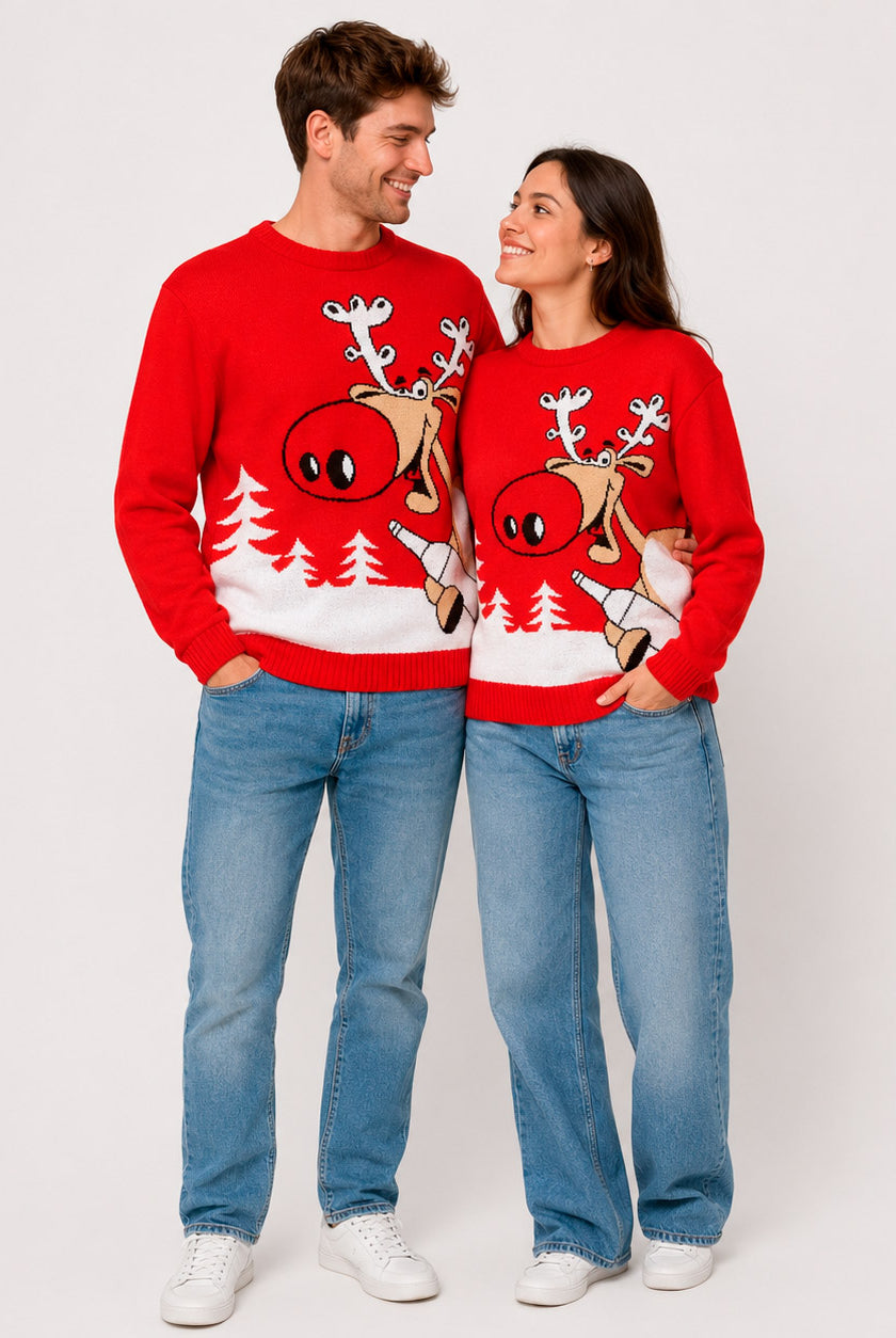 Maglione Natalizio Rosso con Renna e Birra Coppia