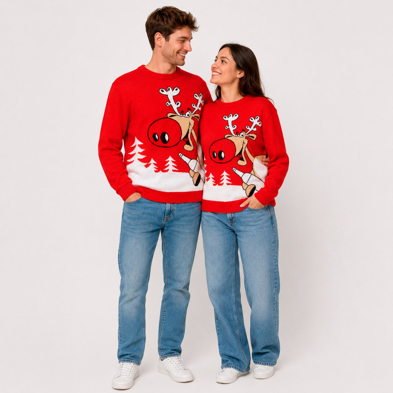 Maglione Natalizio Rosso con Renna e Birra Coppia